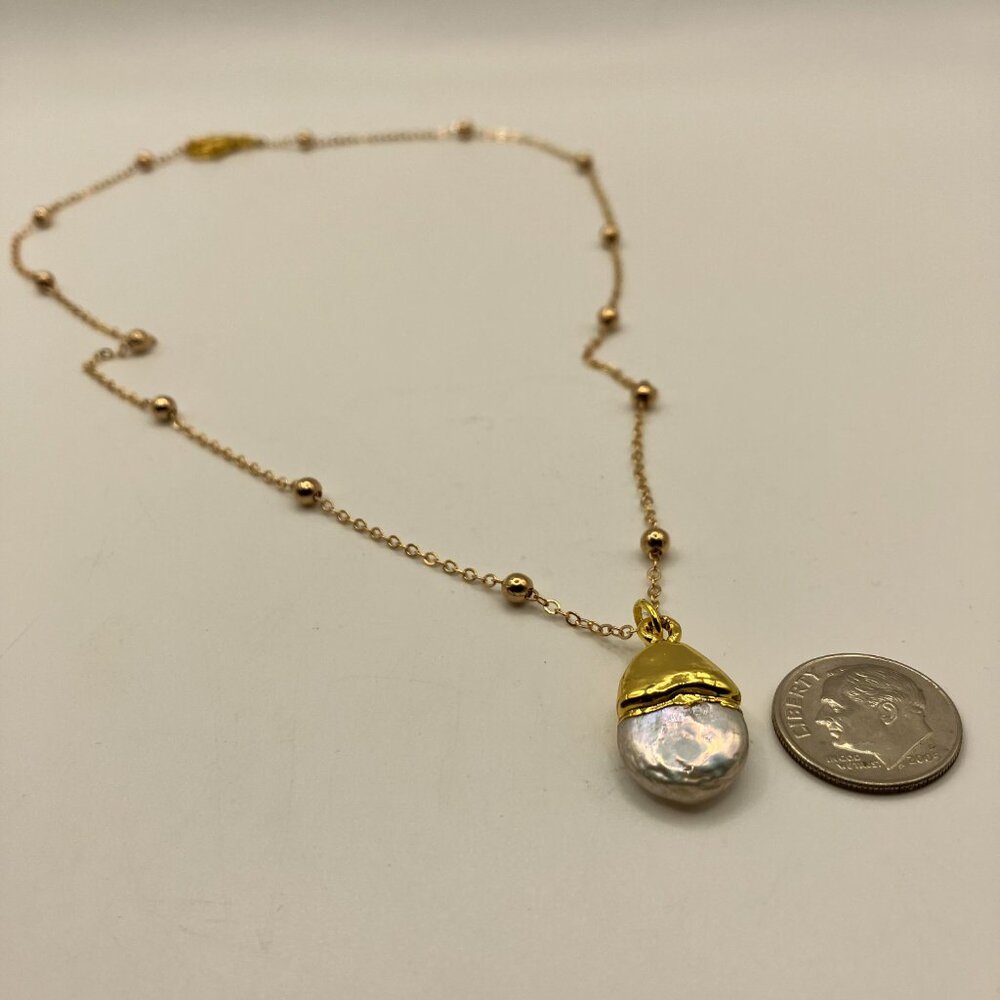 Pearl Baroque Keshi Pearl golden edge Pendant + 19 in Real 18k gold Plated chain